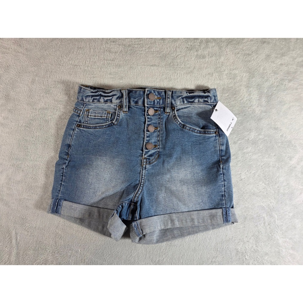 O'Neill Kelsey High Rise Cuffed Denim Shorts Size 27 Pacific Blue Button Fly